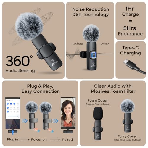 Image of pTron KWM-1 Omnidirectional Type C Wireless Microphone w /DSP Noise Cancellation, Plug & Play, 25m Wireless Range, Lapel Wireless Collar Mic for Video Recording, Supports Type C Android, iPhone(Black)