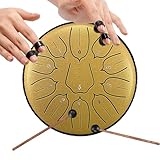 Zungentrommel Steel Tongue Drum Satz, 6 Zoll 11 Tone D-Dur Tongue Drum, Stahlzungentrommel Handpan Steel Drum mit Trommeltasche für Meditation, Klangheilung (Gelb)