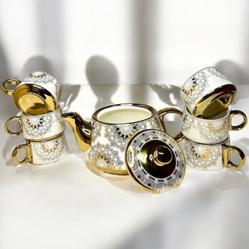 Image of DMRD MART-Porcelain Tea Set with Kettle |Tea Cup Set 7Pc | Aesthetic and Classic Cups Set | Premium Crockery for Home & Gifting with Golden Color Geometric Pattern Design. (Golden Lattice)
