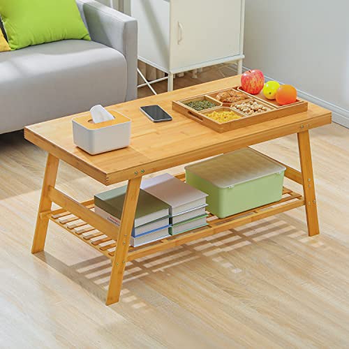 Monibloom Bamboo Dual Tier Coffee Tea Table With Open Storage Shelf For Living Room Sitting Room Home Furniture, Natural #TOP6