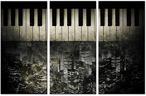 LevvArts - 3 Piece Canvas Wall Art Vintage Old Piano Keyboard with New York City Background Picture Printed on Canvas Painting Antique Wall Decoration Gallery Wrap Music Canvas Artwork Ready to Hang