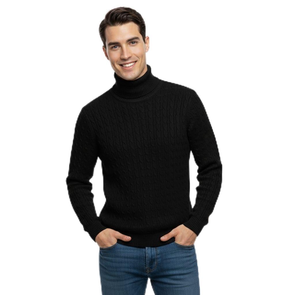 Party HuB Mens Cable Knitted High Neck Jumper – Warm Turtleneck Sweater, Thick Chunky Knit Pullover, Soft Thermal Knitwear Black