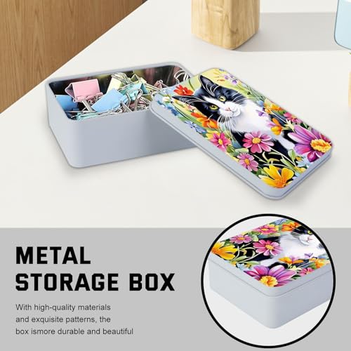 Image of Metal Tin Box with Lid,Multi-functional Storage Large Box Can Store Tea Biscuits Game Cards, Playing & Tarot Cards-Comes with 4 Magnetic Cord Clips,Tuxedo Cat in Flowers
