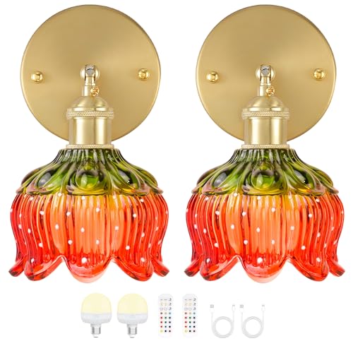 Image of Wireless Wall Sconce with Flower lampshade, Battery Operated Wall Lights,Wall lamp with 15 Colors for Bedroom Living Room Home Decor (Red, 2 Light Battery Operated)