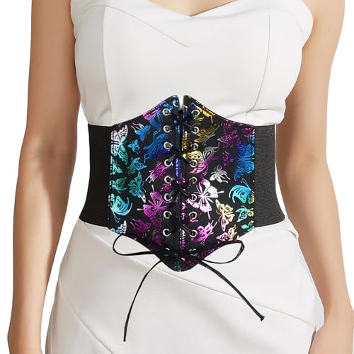 Womens Elastic Waist Belts Wide Elastic Lace Up Pirate Corset for Dress Colorful Butterfly Renaissance Waist Cinch Belt for Costume