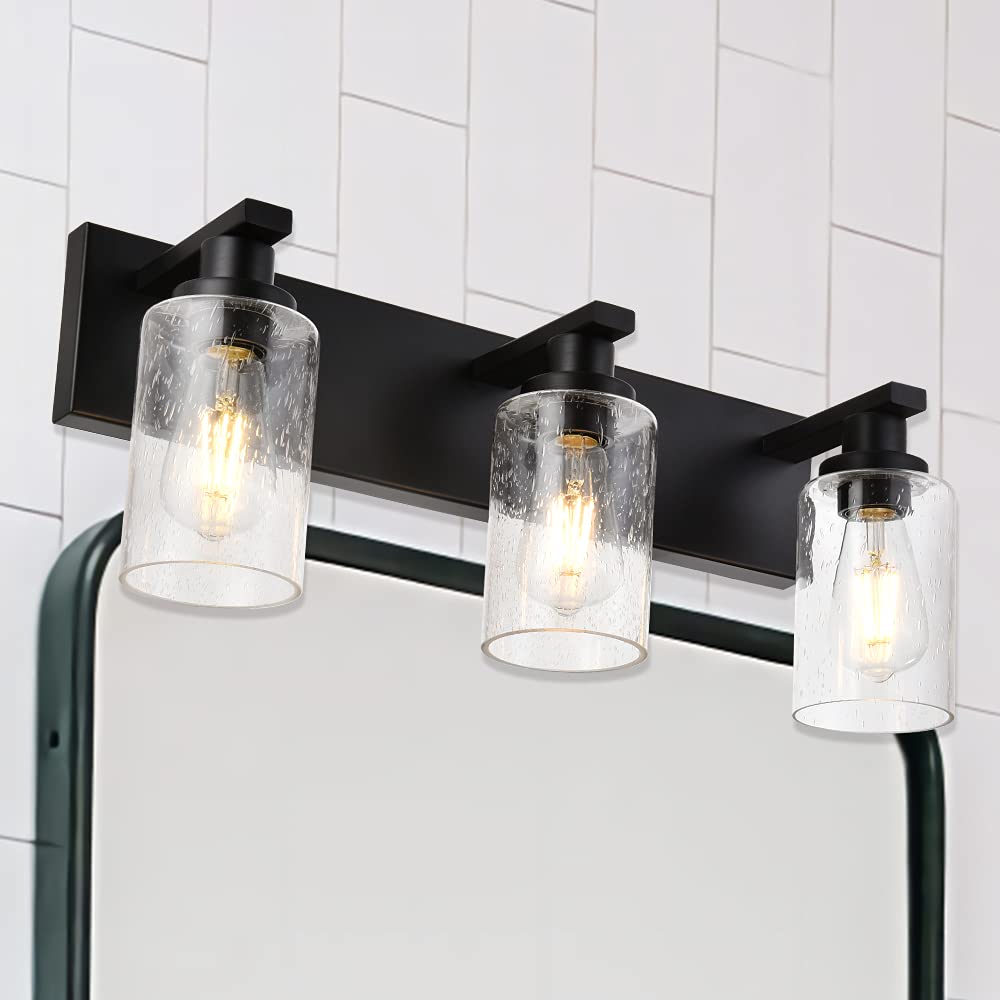 WINSHEN Vanity Lights 3-Lights Bathroom Light Fixtures Over Mirror in Black Finished, Bath Wall Lighting with Cylinder Seeded Glass