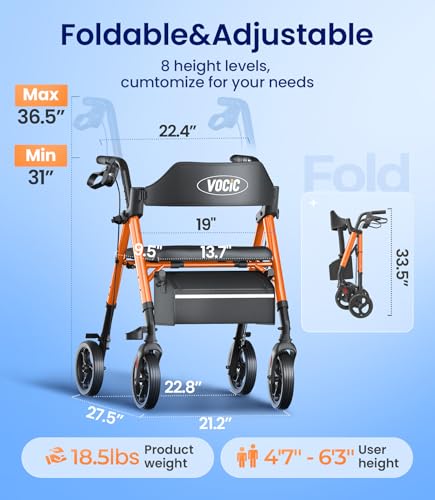 Image of VOCIC Z21 Rollator Walker for Seniors with Seat, 8 inch All Terrain, 350 LBS | Lightweight Foldable & Dual Height Adjustable for Seniors, Ergonomic Arc Seat&6 inch Ultra Backrest Provide Comfort, Orange