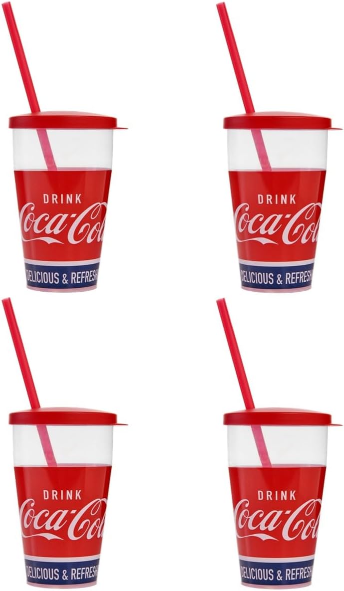 Coca-Cola Tumblers with Straw 0.5 L, Plastic Glasses Set 4 Pieces, Glasses with Straw and Lid Made in Italy 0% Bpa