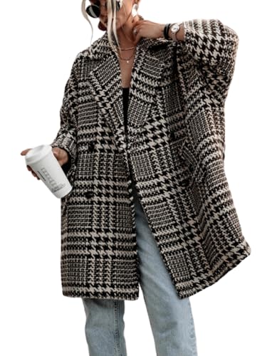 Image of CHARTOU Womens Oversized Blazed Collar Double Breasted Overcoat Thick Plaid Pea Coat Jacket Long Trench Coat (Small, Apricot)