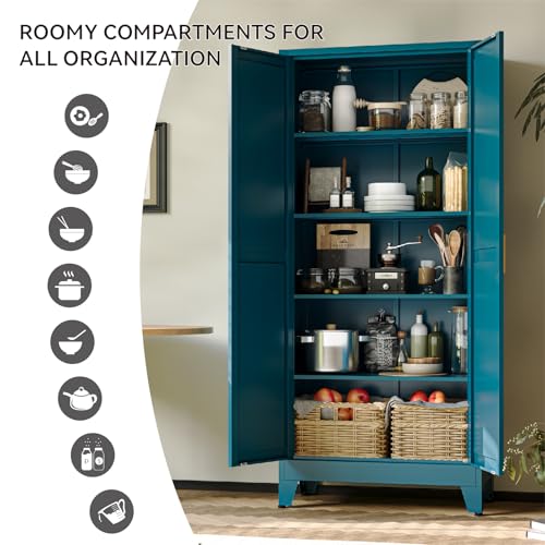 Image of COFaR 71 inch Metal Pantry Cabinet in Peacock Blue, 5-Tier Storage with Adjustable Shelves, Modern Statement Cupboard for Kitchen, Bathroom & Living Room