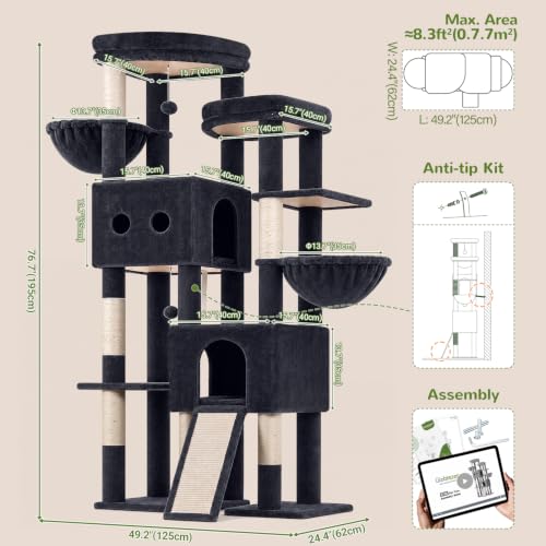 Image of Globlazer Sturdy Cat Tower for Indoor Cats 20lbs, 76in, S76E, Dark Grey | Heavy Duty Cat Tree for Adult Big Cats Maine Coon with Scratching Post, 2 Extra Large Top Perch, 2 Padded Cat Condos