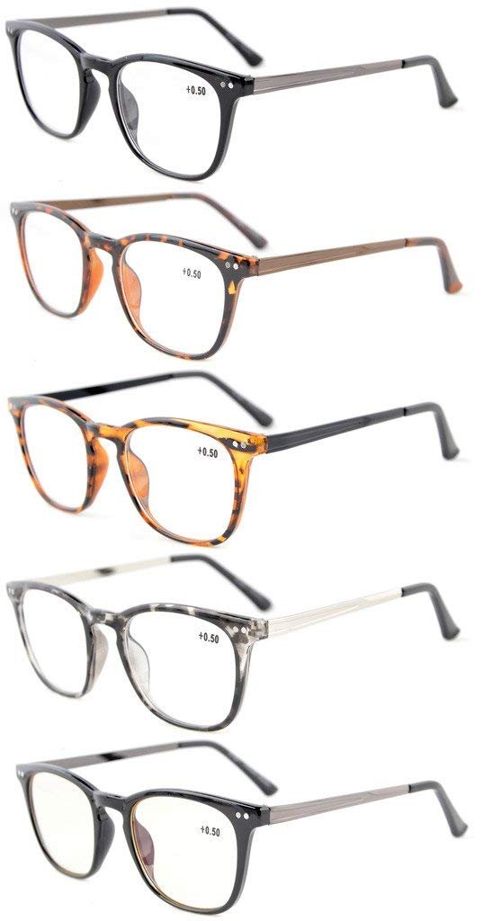 Eyekepper 5-Pack Retro Square Plastic Frame Metal Arms Reading Glasses Include Computer Glasses