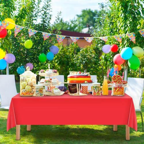 Image of Mulbozy 12 Pcs Red Plastic Tablecloth for Rectangle Table, 54 x 108 inches Disposable Red Party Table Covers for Birthday, Anniversary, Wedding, Fine Dining, Graduation Party Decoration