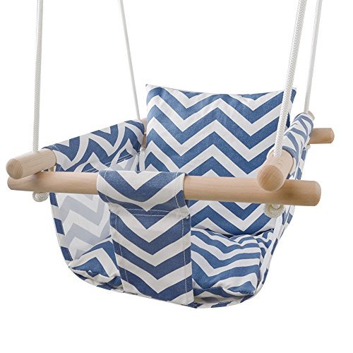 Image of HAPPY PIE PLAY&ADVENTURE Secure Canvas Baby Swing with Safety Belt, Wooden Hanging Swing Seat Chair - Indoor Outdoor, Baby Hammock Swing for Infant and Toddler (Blue)