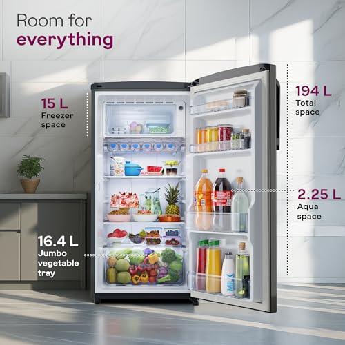Image of Godrej 194 L 5 Star | Turbo Cooling Technology | 24 Day Farm Freshness | Moisture Control, Hygiene+ Inverter Technology | Direct Cool Single Door Refrigerator (RD EMARVEL 215E THI FS ST, Fossil Steel)