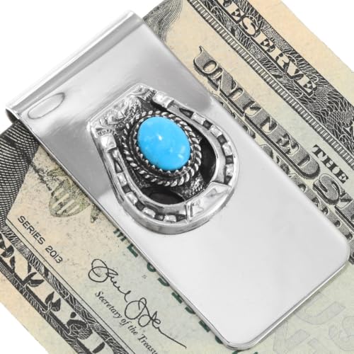 Navajo Turquoise Silver Western Money Clip Sterling Lucky Horseshoe Design on German Silver Clamp 16382