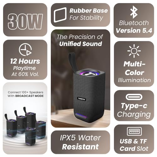 Image of Toreto Zyra 30W Premium Wireless Bluetooth Speaker with up to 12H Playtime, Sync 100+ Speakers with Broadcast Mode, IPX5 Water Resistant, Type-C Fast Charging, RGB Lights, BT v5.4, AUX /USB /TF Support
