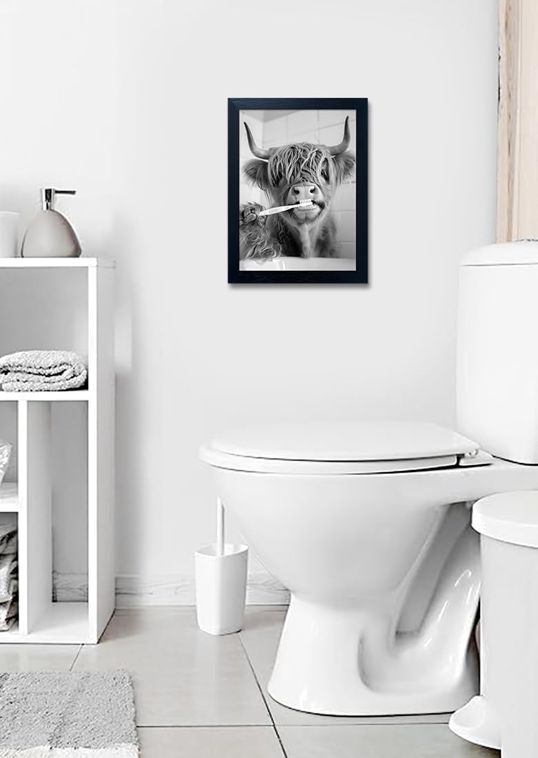 Highland Cow Wall Art, Funny Cow Bathroom Decor, Cow Pictures in Toilet Wall Decor, Black Framed Canvas Print, Black and White Animal Canvas Wall Art for Bathroom