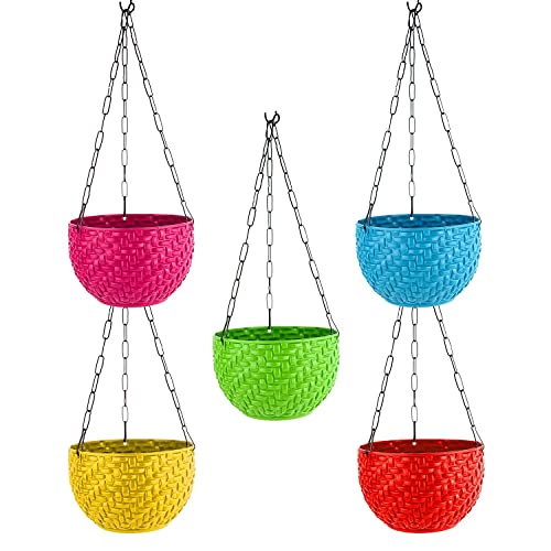 Image of Amazon Brand - Umi Heavy Plastic Wicker Hanging Basket with Metal Hanging Chain /Multicolored Hanging Pots /Hanging Planters for Balcony, Garden, Home (Multicolored, Set of 5)