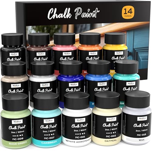 Nicpro 14 Colors Chalk Paint for Furniture, 2 fl oz (60ml) Ultra Matte Finish Acrylic Craft Paint, Non-Toxic Chalk Furniture Paints for Wood, Metal, Cabinets, Home Decor with Liquid Wax, Color Wheel