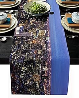 VJRQM - Runner da tavola in lino con decorazione statunitense, skyline di Manhattan di notte, antiscivolo, per cene in famiglia, in fattoria, per matrimoni, feste di festa (33 x 177 cm)