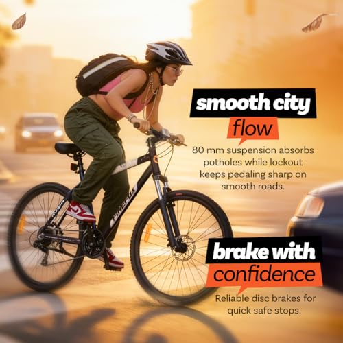 Image of FIREFOX Rush+ 700C 21 Speed Hybrid Bicycle for Adult | Black | Front Suspension | Disc Brake | Alloy Frame: 19.5 Inches | Ideal Rider Height:5.2 & Above | 98% Pre-Assembled | Ideal for Mens