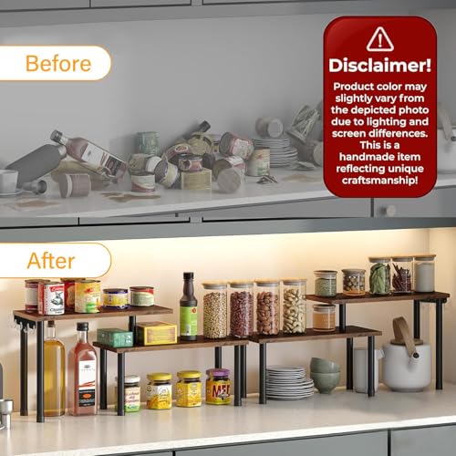 Image of ABJA Kitchen Counter Top Organizer, Shelf Rack for Kitchen Storage, Wooden Corner Shelf, 2 Tier Spice, Oil Stand, Tabletop Adjustable Rack for Makeup, Office (Rustic Brown, 2 Tier Corner Rack)