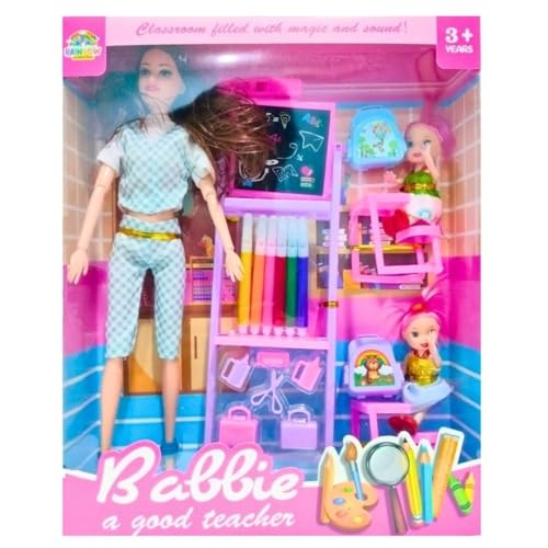 Image of EUPHORIA Toys Folding Hands Teacher Doll Toy Character Playset with 2 Baby Doll Play Set for Kids Girls Dolls Set