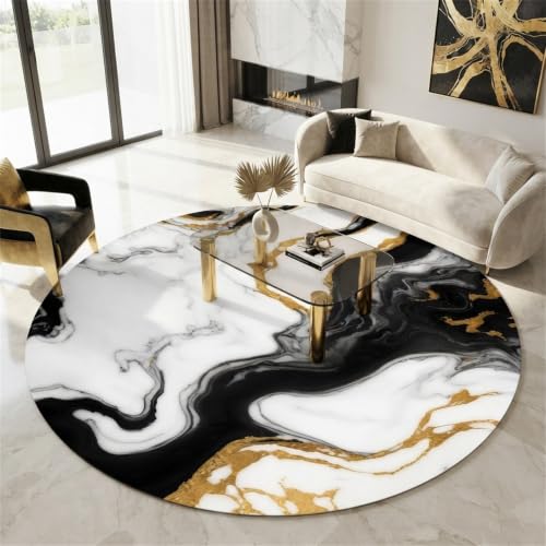 Unique Abstract Marble Texture Area Rug 6ft Round Rugs for Livingroom Bedroom Modern Black and White Gold Art Aesthetic Deco Circle Carpet Soft Non Slip Thin Washable Rug Nursery Dorm Floor Mat - Image 2