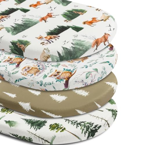 Image of 4 Pack Bassinet Sheets Woodland Forest Animals Wood Neutral Unisex Fitted Baby Bassinet Sheets Set for Standard Bassinets for Baby Boys or Girls