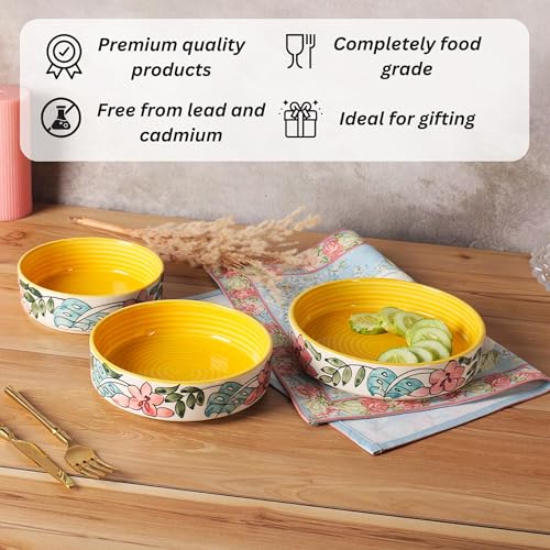 Image of Niyara Stoneware Handmade Ceramic Stylish Premium Serving Bowls /Salad Tray and Microwave Dishwasher Safe (Yellow Flower Design)