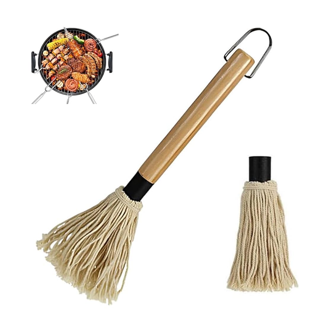 Spazzola da cucina 2 pezzi, Testine di ricambio extra, Professionale, Accessori per barbecue, Mocio in legno per salse e marinate, Spazzola da cucina, Spazzola da cucina in silicone