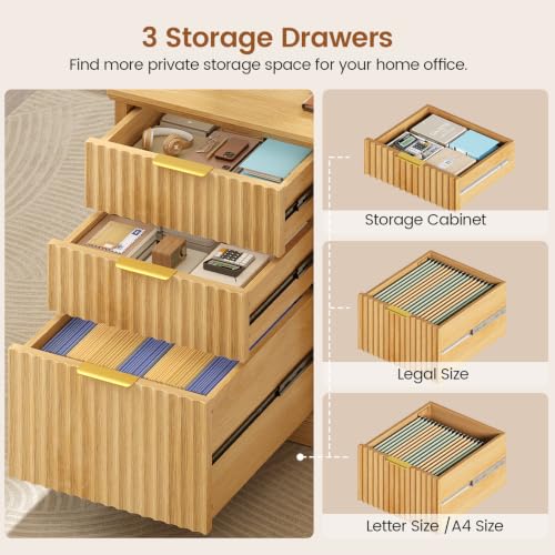 Image of SEDETA 70.9 inch Executive Desk, Fluted Office Desk with Drawers, Fluted Oak