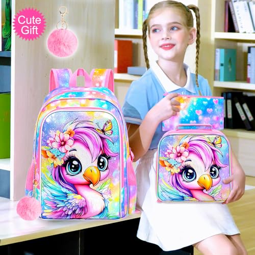 Image of 3Pcs Flamingo Backpack for Girls, 16 inch School Bookbag Set with Lunch Box，Kids Backpacks for Elementary Preschool Kindergarten (Rainbow)