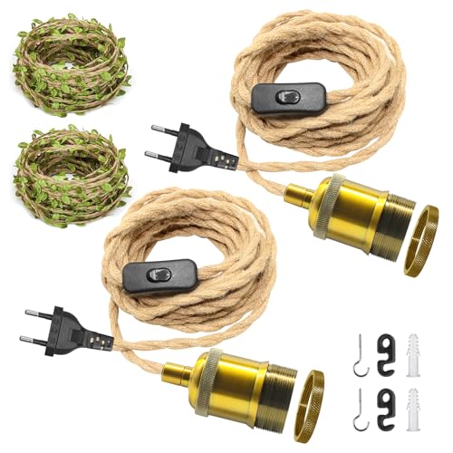 2 Pares Portalámparas cuerda de cáñamo con Interruptor y enchufe, color cobre Kit De Metal Lámpara Colgante, Cable de cuerda de cáñamo de 510 cm Cordón decorativo de hojas verdes de 5 m