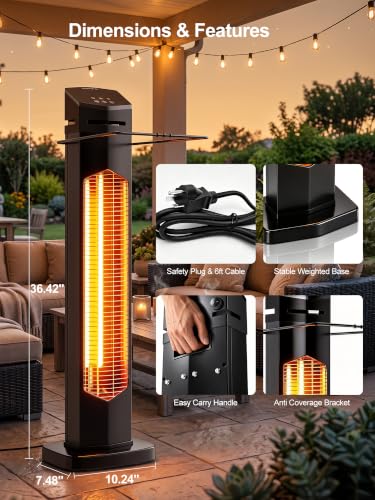 MEPTY Outdoor Electric Patio Heater, 1500W Infrared Heater for Outdoor Use, Remote, Waterproof, 12H Timer, Tip-Over & Overheat Protection, Quiet Operation,Tower Space Heater for Backyard, Garage,Black - Image 2