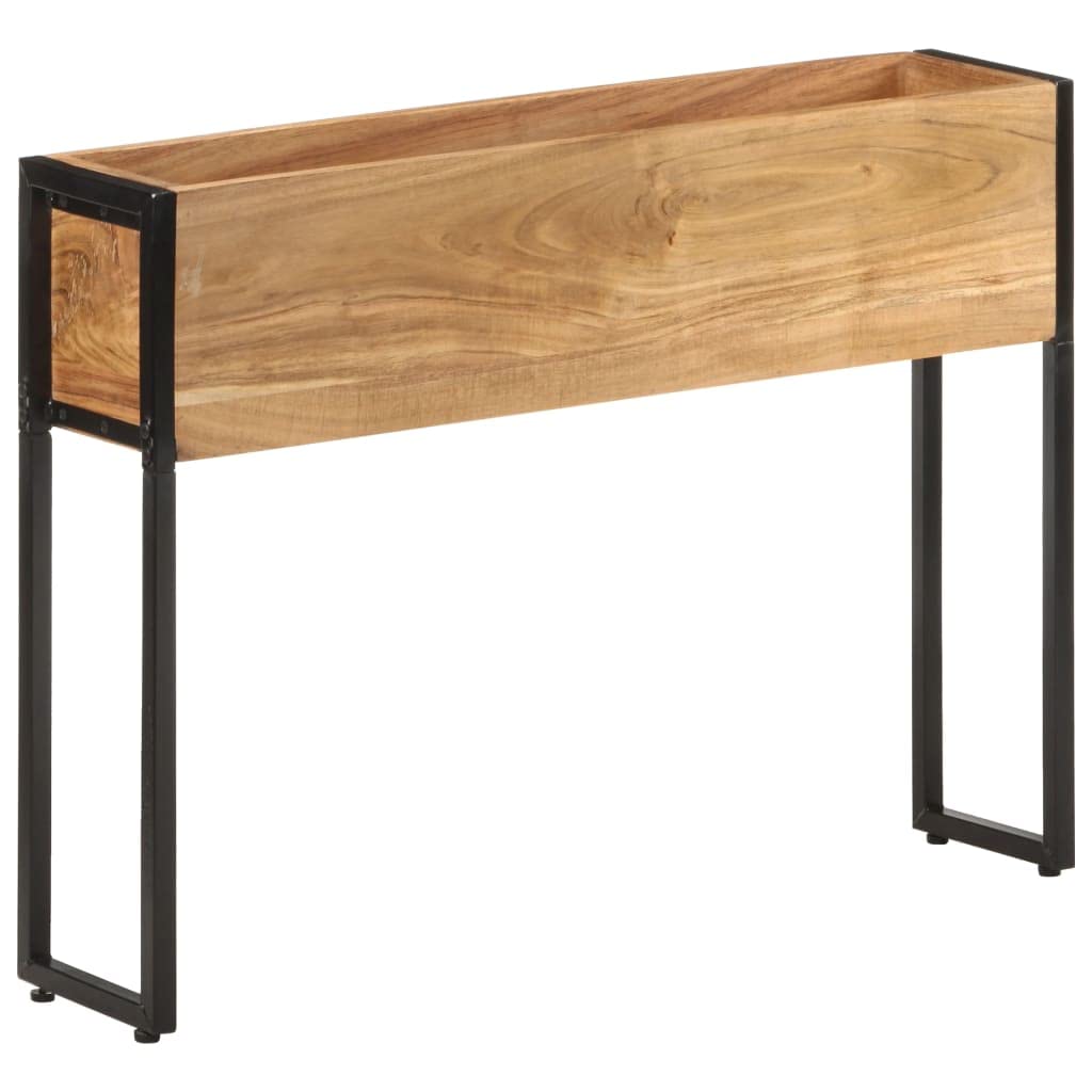Macetero alto de madera de acacia, 90 x 20 x 68 cm, soporte estable para plantas con estructura de metal y superficie de almacenamiento, jardinera para hierbas y verduras, jardín, balcón