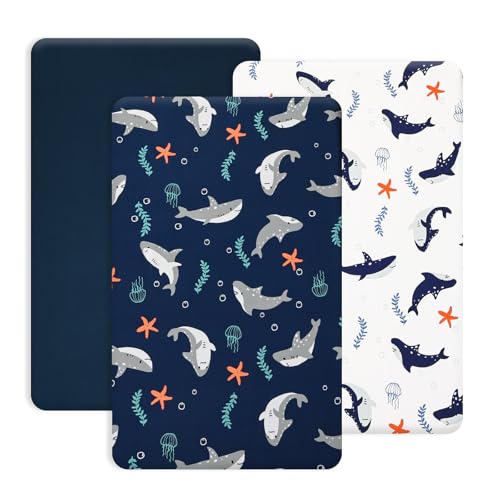 Image of PHF 3 Pack Soft Mini Crib Sheets, Shark Pack N Play Sheets for Baby Boys, No Slip Universal Fit for Pack N Play, Playard, Portable and Mini Crib Mattresses, Shark