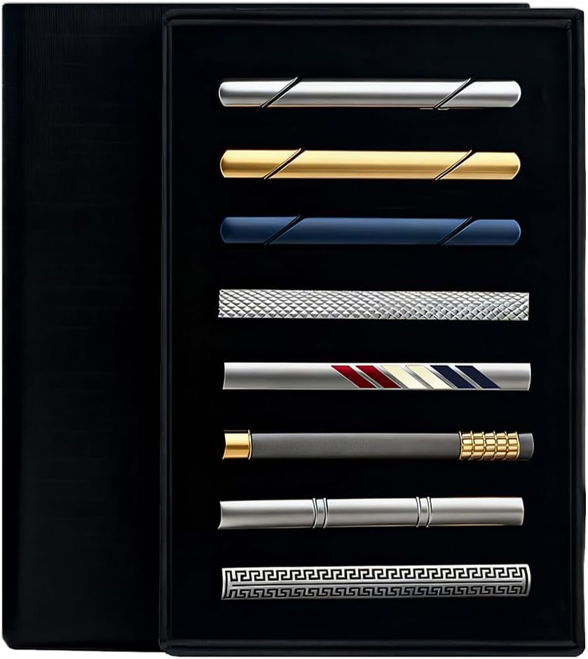 8Pcs Tie clips for Men. 4 Colors of Tie Clips Sliver Black Gold and Navy Blue. Tie Clip Tie Bar Suitable for Business Meetings, Weddings, and Holiday Gifts.