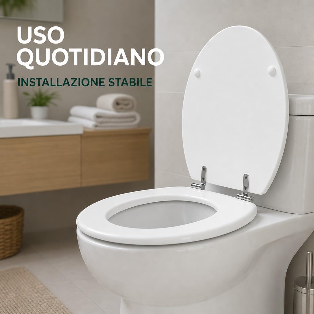 Copriwater Universale MDF Bianco 43x36 cm – Tavoletta WC in Legno MDF, Sedile WC Robusto con Cerniere Cromate, Asse WC Ovale Compatibile, Coperchio Water Resistente
