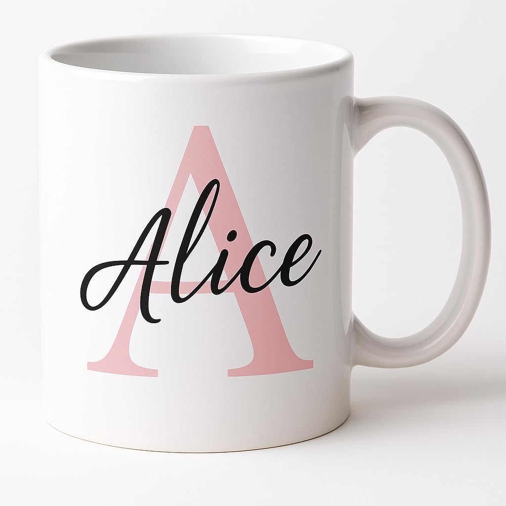 Vacso Trading Personalised Initial Mug – 11oz Custom Name Coffee Cup | Blue or Pink Initial with Black Name | Gift for Women & Men (Pink Initial)