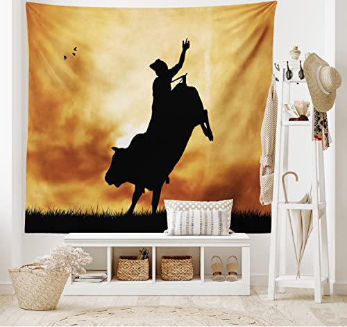 Lunarable Western Tapestry, Bull Rider Silhouette At Sunset Dramatic Sky Rural Countryside Landscape Rodeo, Fabric Wall Hanging Decor For Bedroom Living Room Dorm, 45" X 30", Amber Black #TOP1