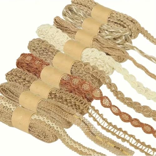 9 Rollen Bohemien Juteband, Vintage Sackleinen Band Geschenkband, Natur Stoffband Jute Band Rolle, Dekoband für DIY Geschenke Verpackung Hochzeitdeko Basteln Heimdekoration