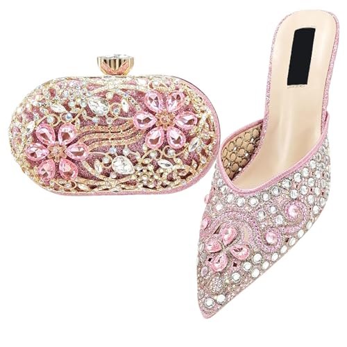 Women's Pink Italian Party Set - Comfortable Low Heel Sandals & Rhinestone Clutch for Casual Events