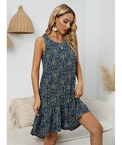 Lilbetter Summer Dresses For Women Beach Floral Sundress Casual Boho Tank Dress(Flower Navy Blue,Large) #TOP2
