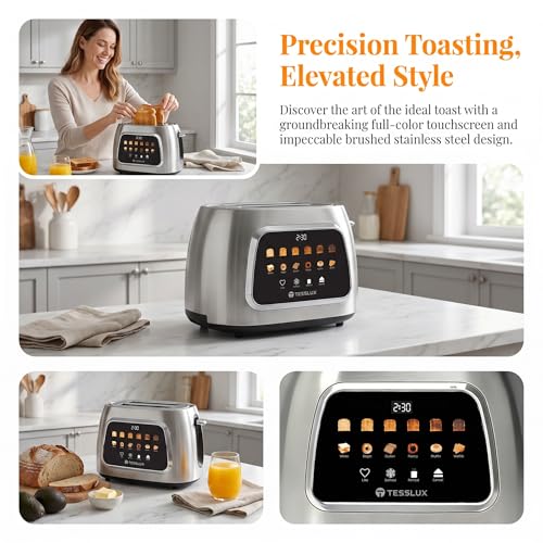 Image of Tesslux 2 Slice Toaster with Touch Screen Control, 1.5 inch Wide Long Slots, 6 Browning Levels & 6 Bread Types, Digital Timer, Memory, Defrost, Reheat (Silver, 2 Slice)