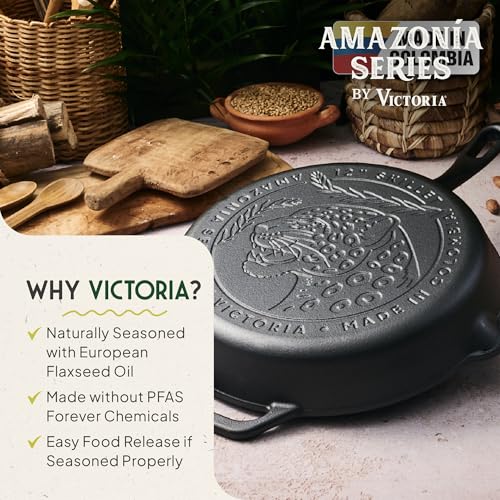 Image of Victoria Cookware 12-Inch Amazonia Cast Iron Skillet, Decorative Preseasoned Frying Pan with Cast Design, Made in Colombia, Jaguar