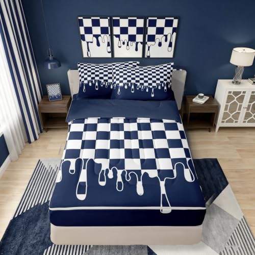 Image of Navy Blue White Checkered Complete Zip Up Bedding Set Full,4 Piece Checkerboard Drip Comforter Kit with Fitted Sheet & Pillowcases,Y2K Aesthetic Geometric All Season Bed in a Bag for Boys Girls