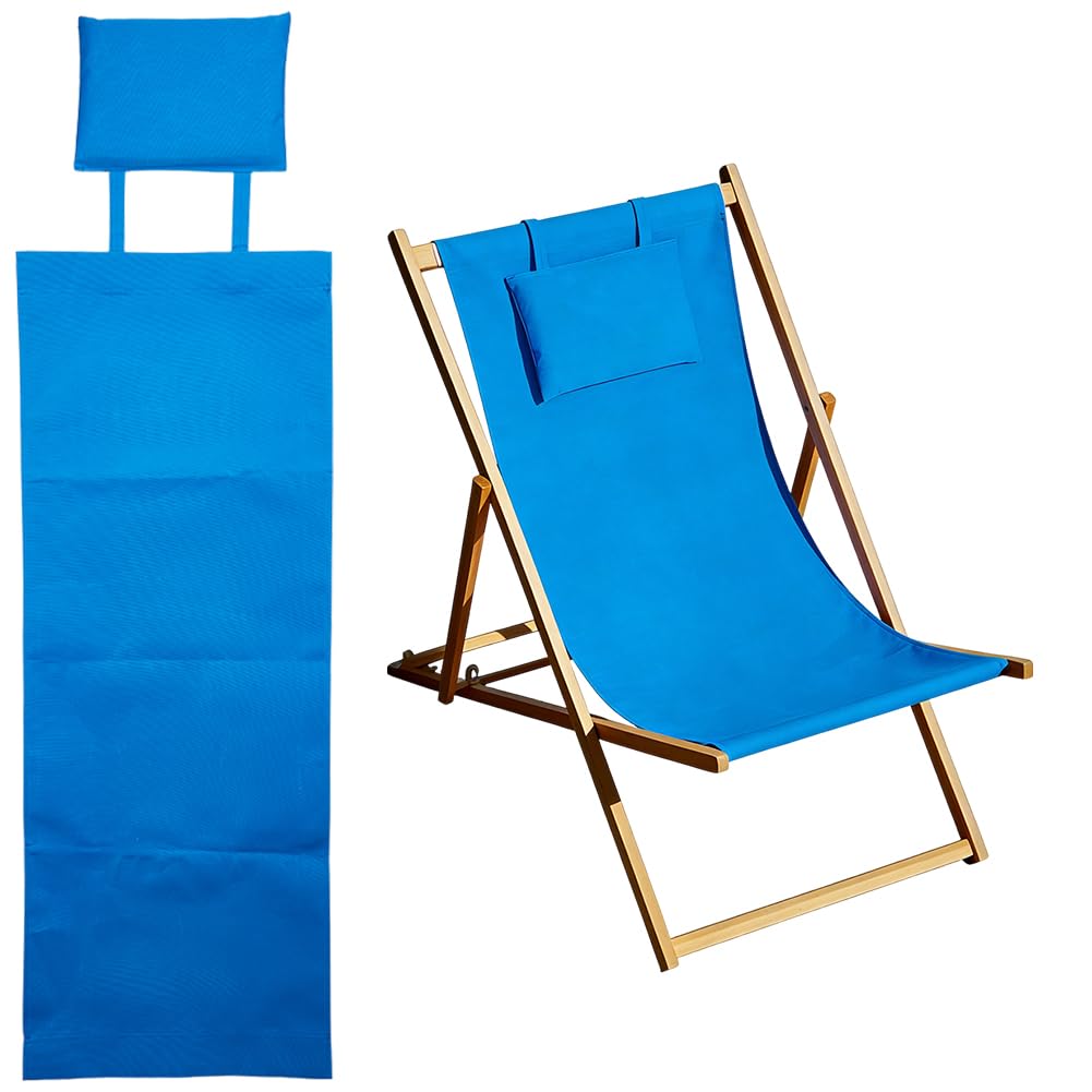 TNKBREEZE Beach Chair Replacement Cloth 146cmx43.2cm Lounge Chair Replacement Canvas Blue Sling Chairs Replacement Fabric with Pillow for Sunbathing Courtyard Garden Beach