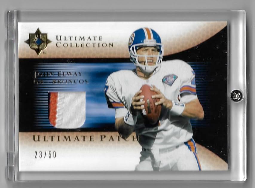 John Elway Serial Numbered #23/50 Ultimate Collection Game Used Worn Jersey Relic Memorabilia Collectible Football Card - 2005 Upper Deck Ultimate Collection Football Card #GJP-JE (Broncos)
